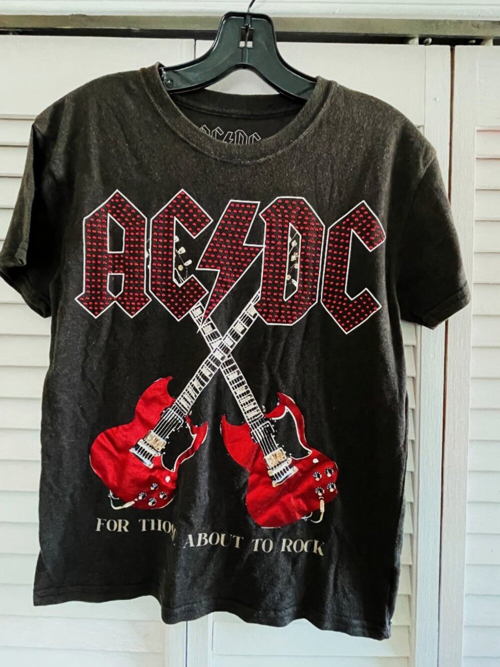 AC/DC shirt "For those about to rock," with foil guitars and studded accents